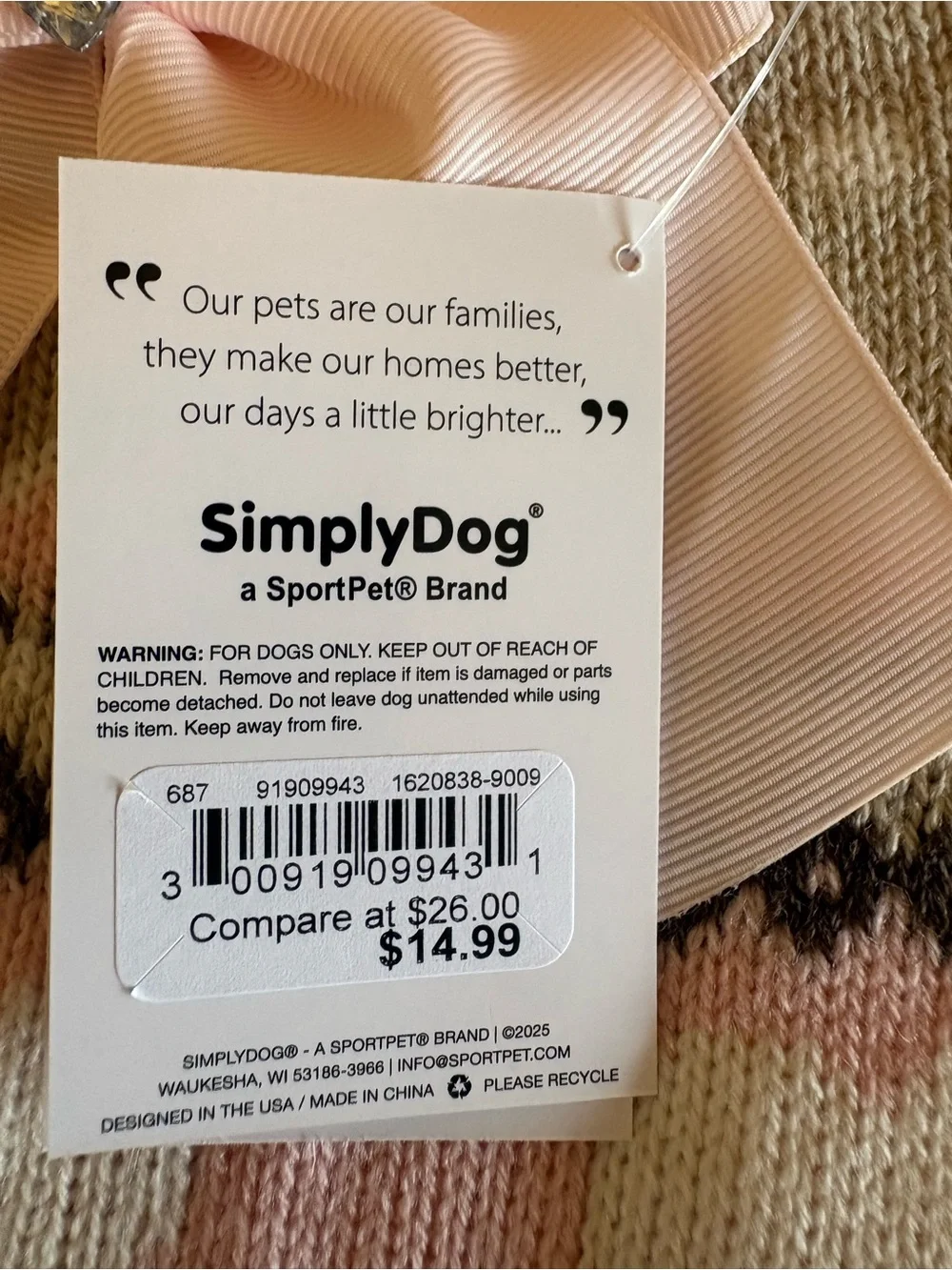 SimplyDog NWT  Heart Knit Dog Sweater with Bow/ heart jewel in pink/beige. Large